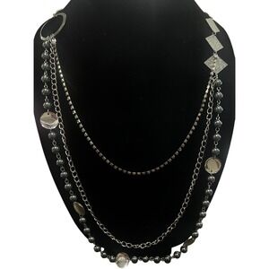 LBVYR Vtg Y2K Multi Strand Layered Necklace Silver Tone Faux Pearl 40 Inch Chic